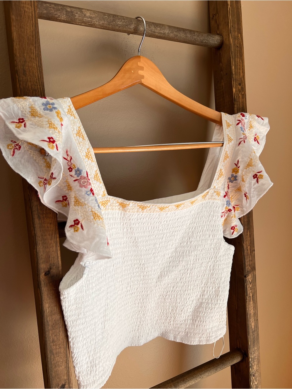 Japna White Smocked Crop Top with Embroidered Ruffle Sleeves